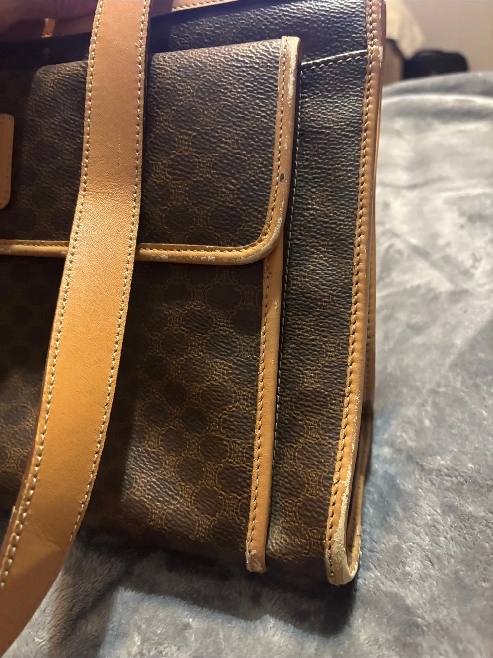 Celine vintage Brown Canvas Laptop Shoulder Bag with Tan Leather Trim